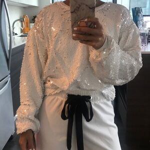 Girls XL 14/16 white sequin puff sleeve sweater